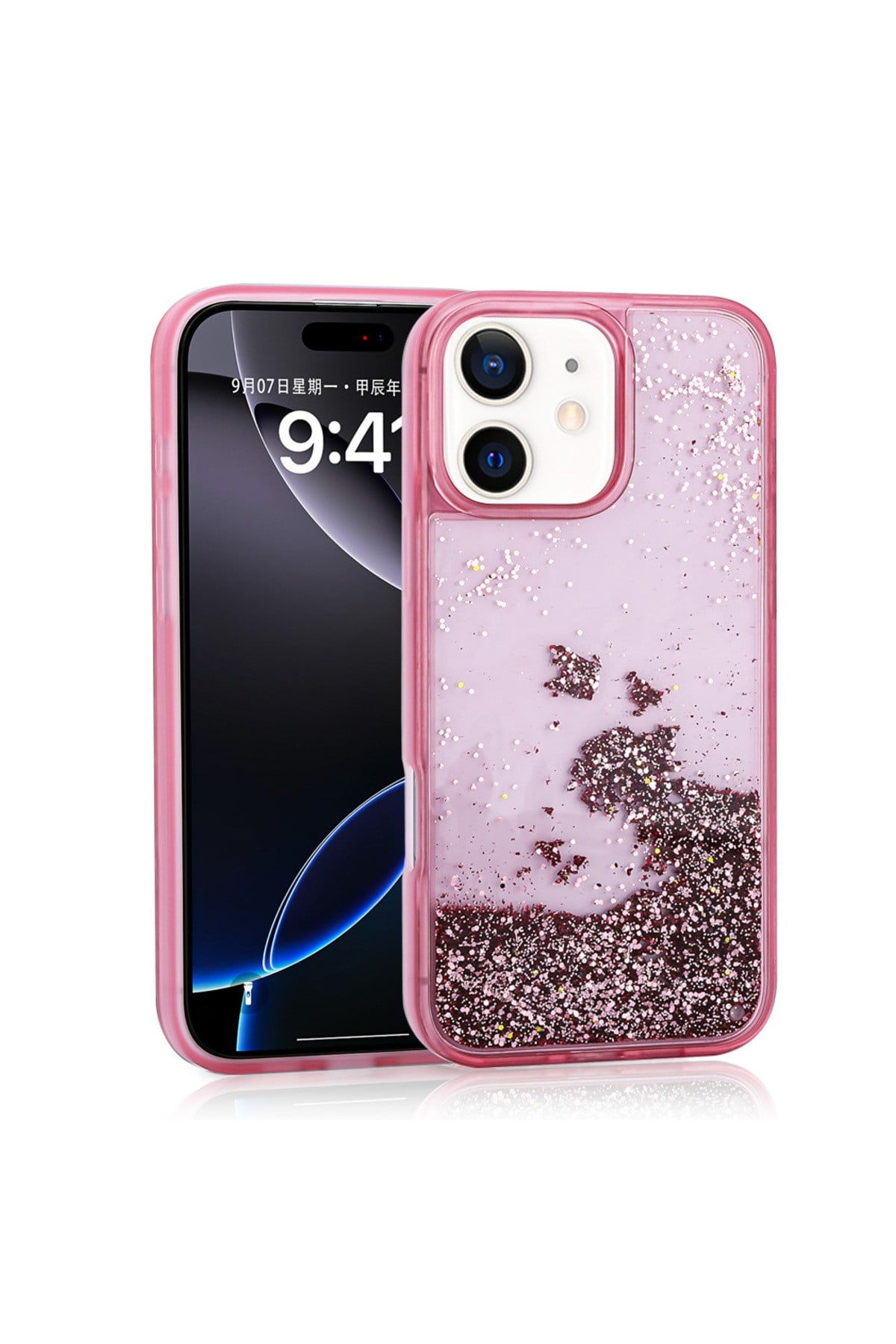 iPhone 12 Kılıf Sıvılı Simli Şeffaf Arka Yüzey NVTH Keto Silikon Kapak - Pembe