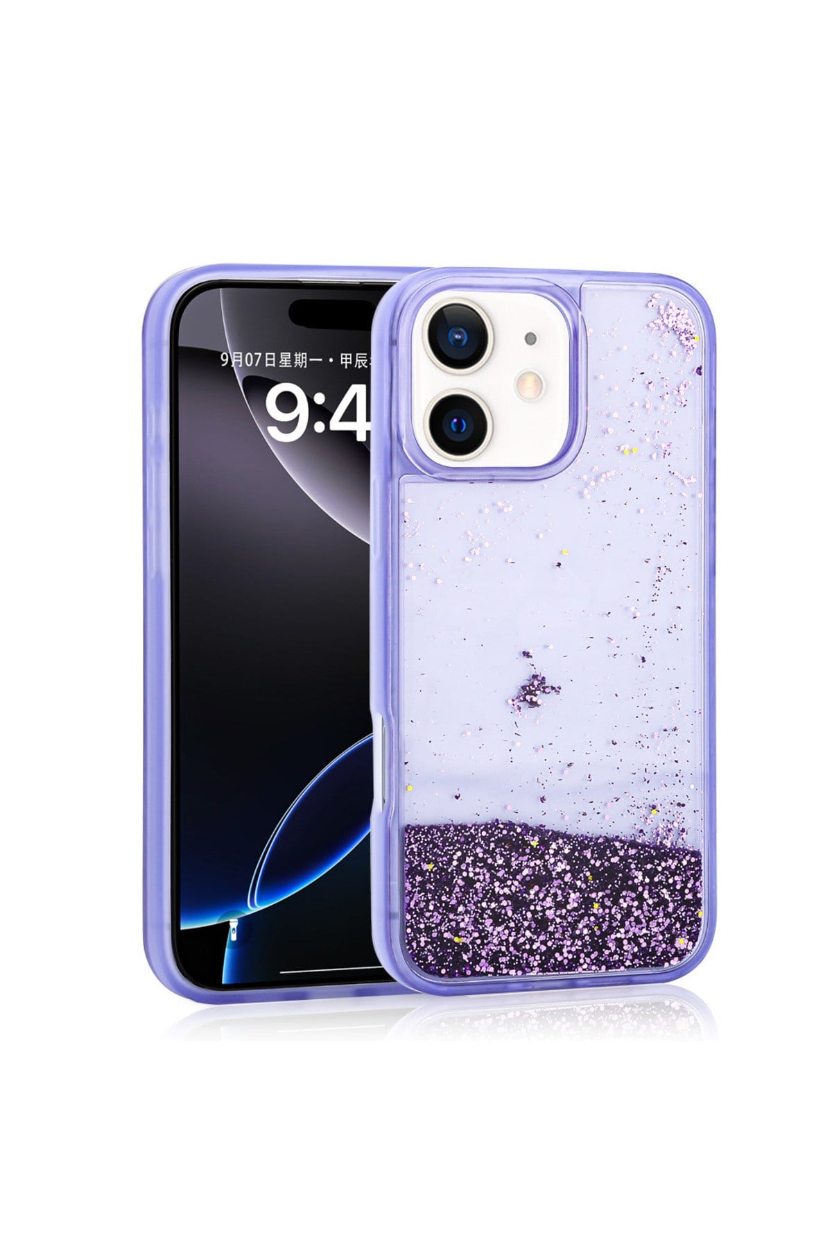 iPhone 12 Kılıf Sıvılı Simli Şeffaf Arka Yüzey NVTH Keto Silikon Kapak - Mor