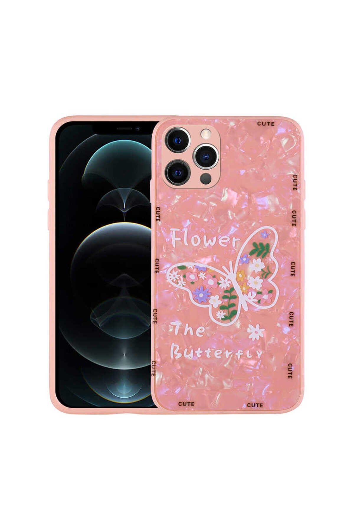 iPhone 12 Pro Max Uyumlu Desenli Sert Silikon NVTH Mumila Kılıf-Pink Flower