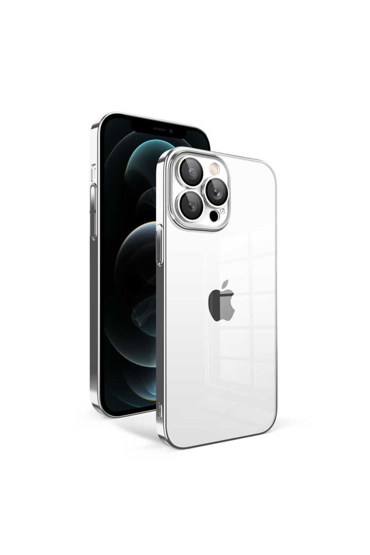 iPhone 12 Pro Max Uyumlu Kamera Korumalı Renkli Çerçeveli NVTH Garaj Kılıf-Gümüş