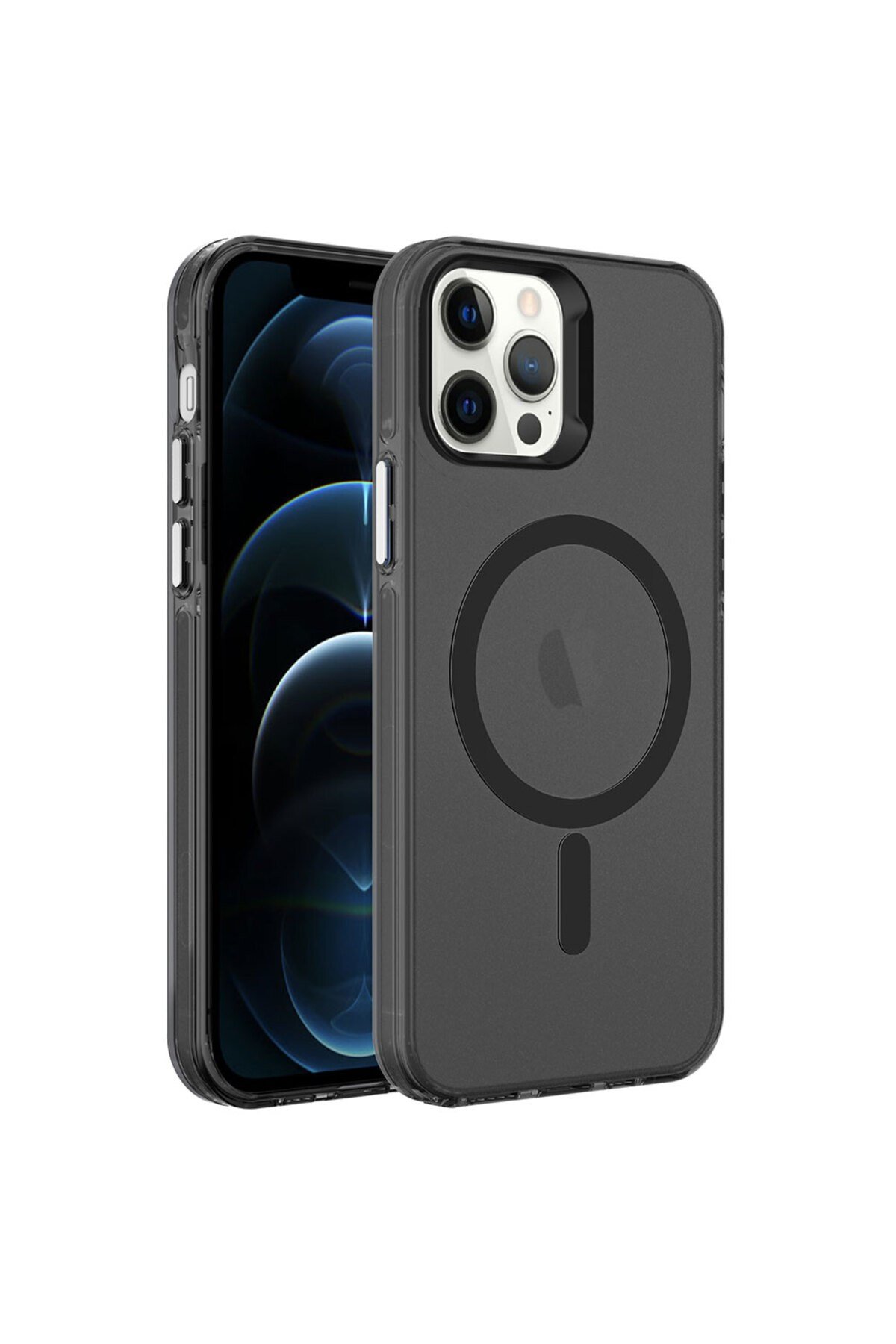 iPhone 12 Pro Max Uyumlu NVTH Magsafe Şarj Özellikli Buzlu Transparan C-Pro Sert Kılıf-Siyah