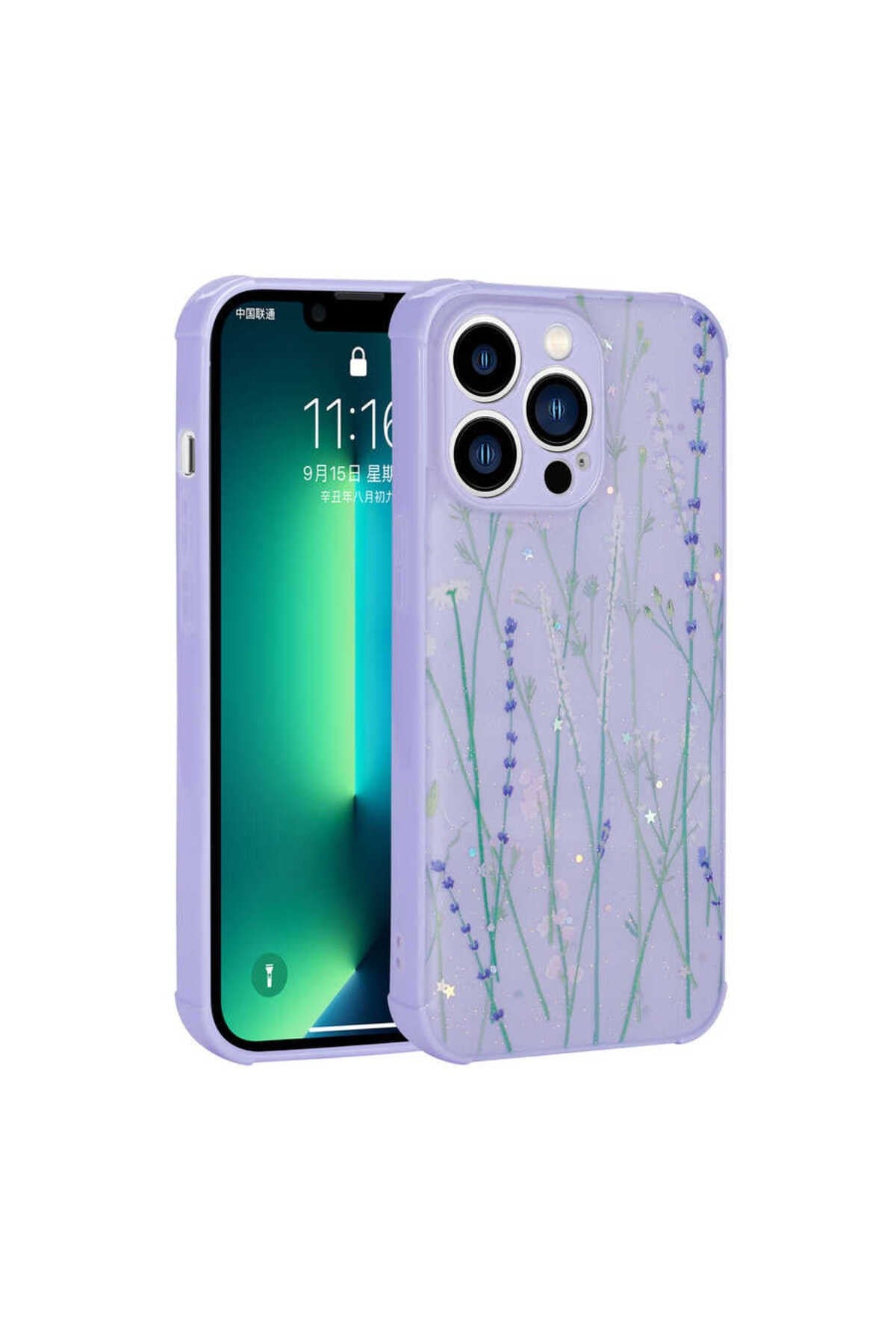 iPhone 12 Pro Max Uyumlu Simli Desenli Kamera Korumalı Parlak NVTH Popy Kılıf-Dallar