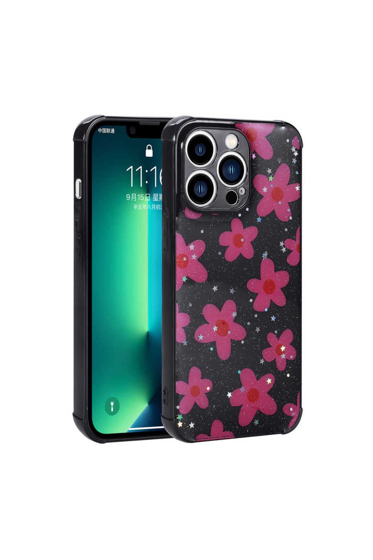 iPhone 12 Pro Max Uyumlu Simli Desenli Kamera Korumalı Parlak NVTH Popy Kılıf-Çiçek