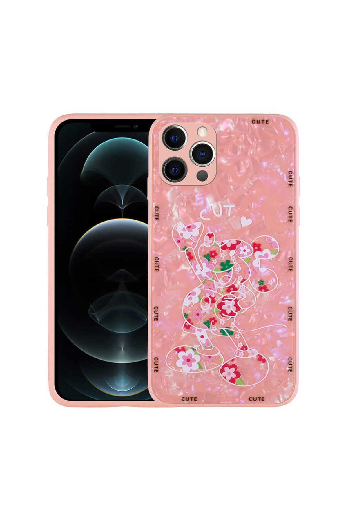 iPhone 12 Pro Uyumlu Desenli Sert Silikon NVTH Mumila Kılıf-Pink Mouse