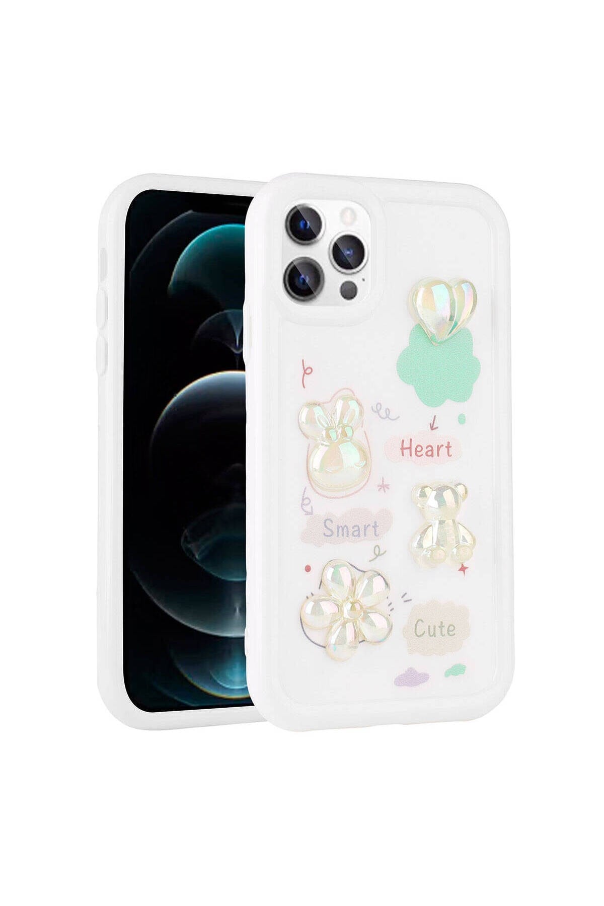 iPhone 12 Pro Uyumlu Kabartma Figürlü Parlak NVTH Toys Silikon Kılıf-Beyaz