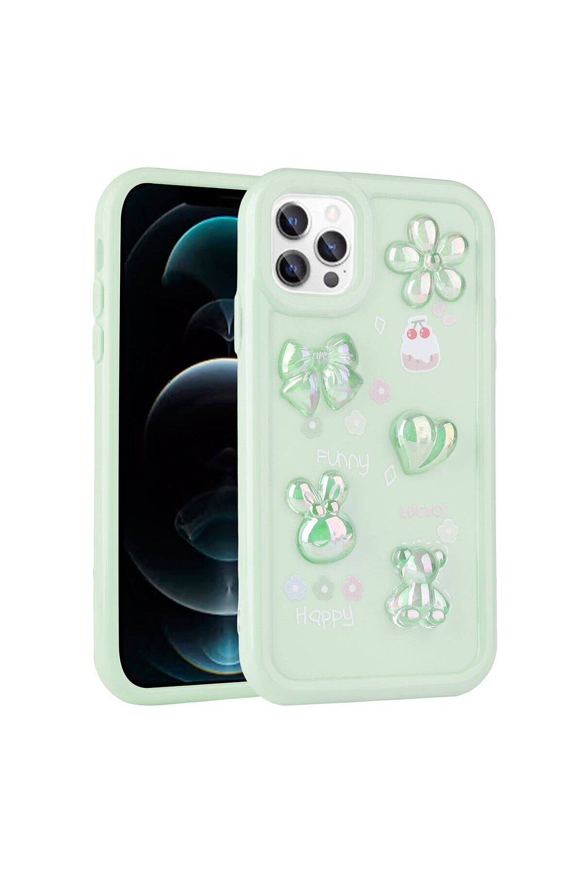 iPhone 12 Pro Uyumlu Kabartma Figürlü Parlak NVTH Toys Silikon Kılıf-Açık Yeşil