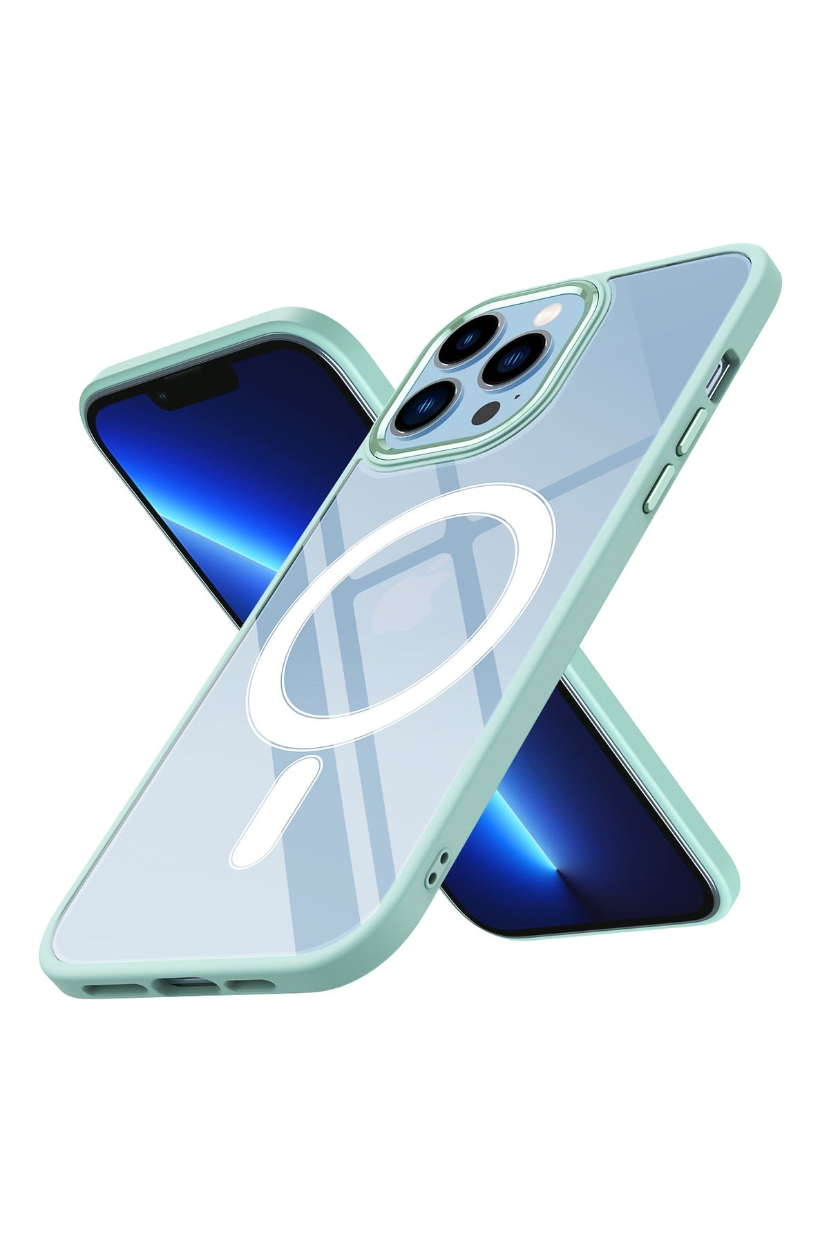 iPhone 12 Pro Uyumlu Wireless Şarj Özellikli NVTH Krom Magsafe Silikon Kılıf-Yeşil