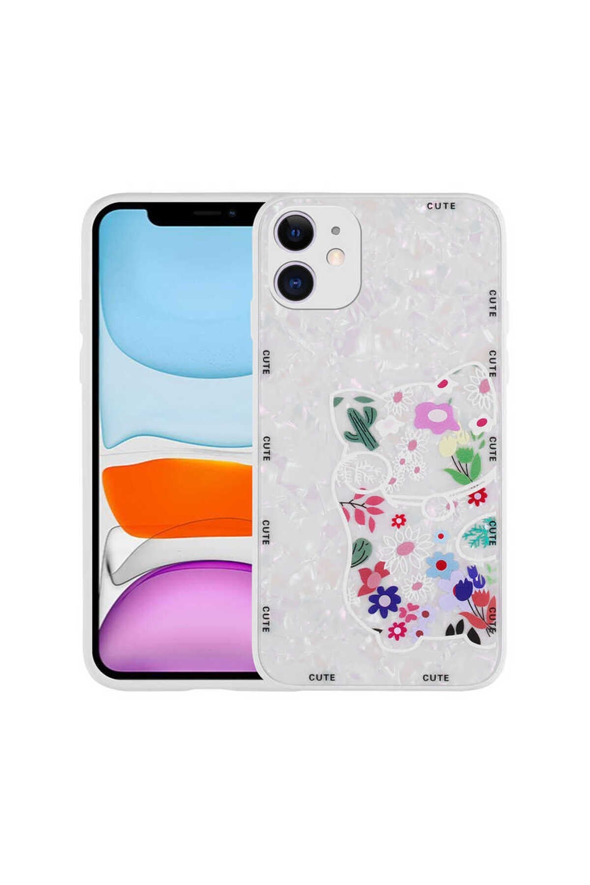 iPhone 12 Uyumlu Desenli Sert Silikon NVTH Mumila Kılıf-White Cat
