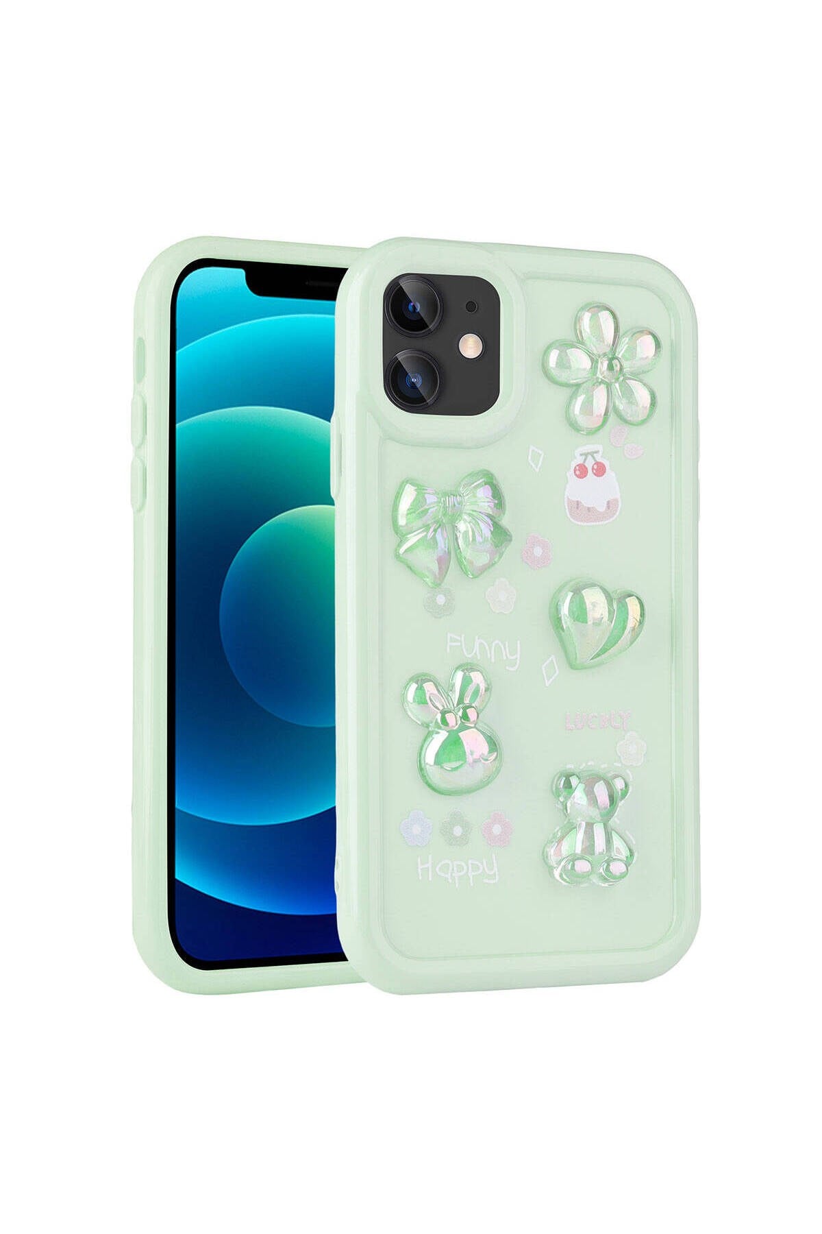 iPhone 12 Uyumlu Kabartma Figürlü Parlak NVTH Toys Silikon Kılıf-Açık Yeşil