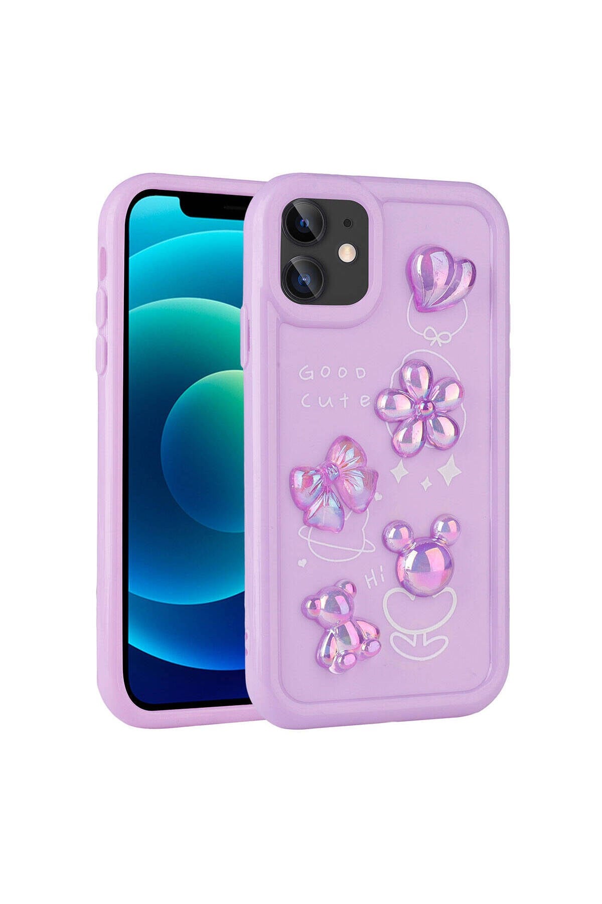 iPhone 12 Uyumlu Kabartma Figürlü Parlak NVTH Toys Silikon Kılıf-Mor
