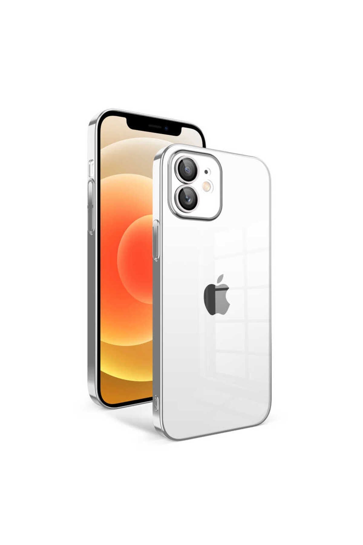 iPhone 12 Uyumlu Kamera Korumalı Renkli Çerçeveli NVTH Garaj Kılıf-Gümüş