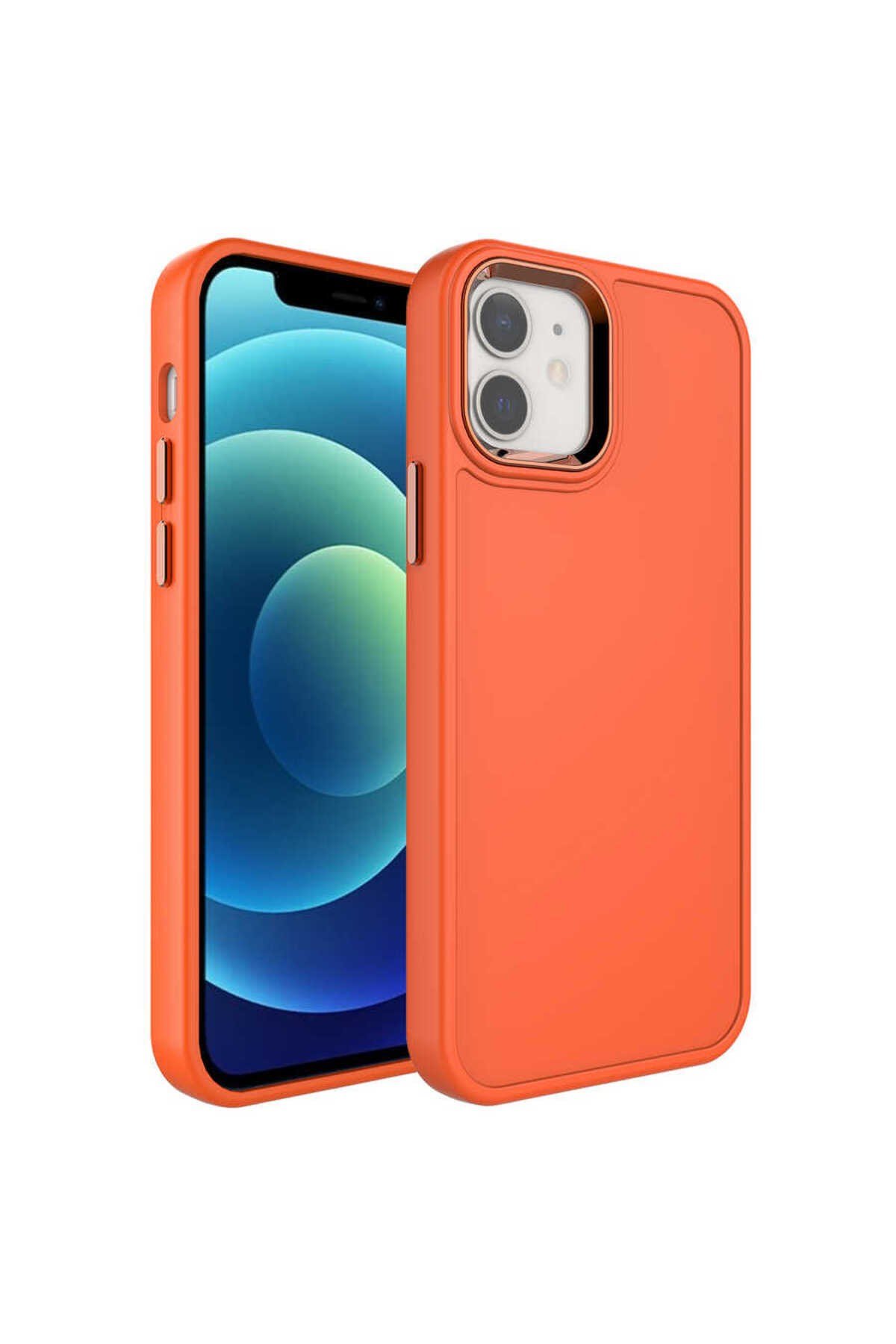 iPhone 12 Uyumlu Metal Çerçeve ve Buton Tasarımlı Sert NVTH Botox Kılıf-Turuncu