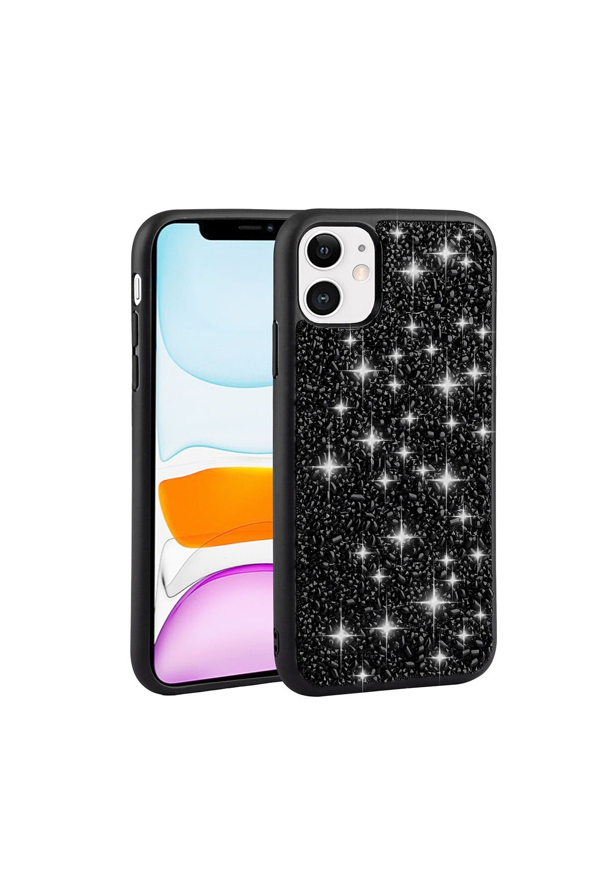 iPhone 12 Uyumlu Parlak Taşlı Tasarım NVTH Linea Kılıf-Siyah