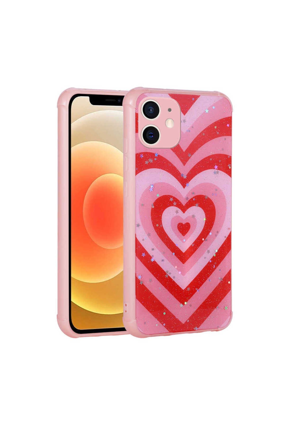 iPhone 12 Uyumlu Simli Desenli Kamera Korumalı Parlak NVTH Popy Kılıf-Kalp