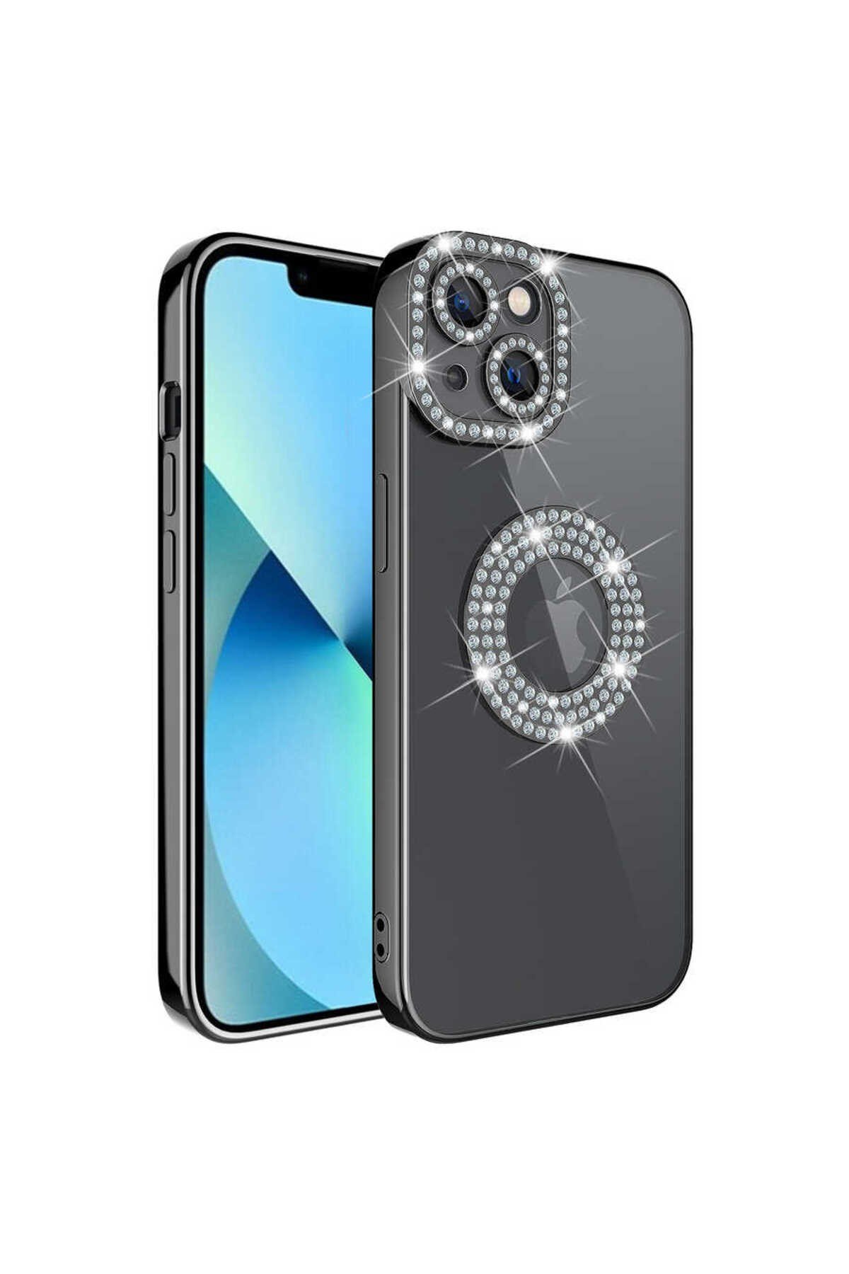 iPhone 13 Kılıf Kamera Korumalı Taş Süslemeli Arkası Şeffaf NVTH Asya Kapak - Siyah