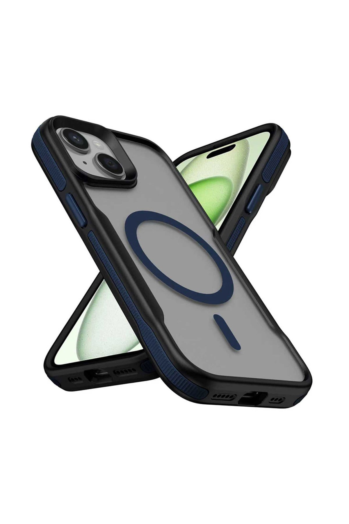 iPhone 13 Kılıf M-safe Şarj Özellikli Renkli Kenar Airbag Şeritli NVTH Lamer Kapak - Mavi
