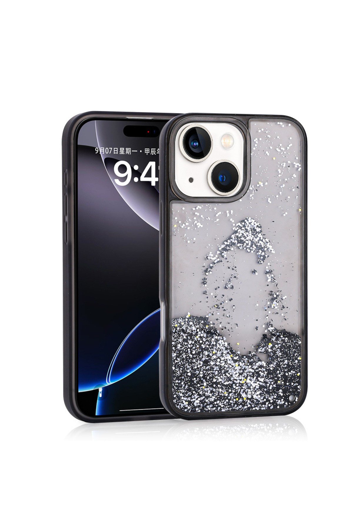 iPhone 13 Kılıf Sıvılı Simli Şeffaf Arka Yüzey NVTH Keto Silikon Kapak - Siyah
