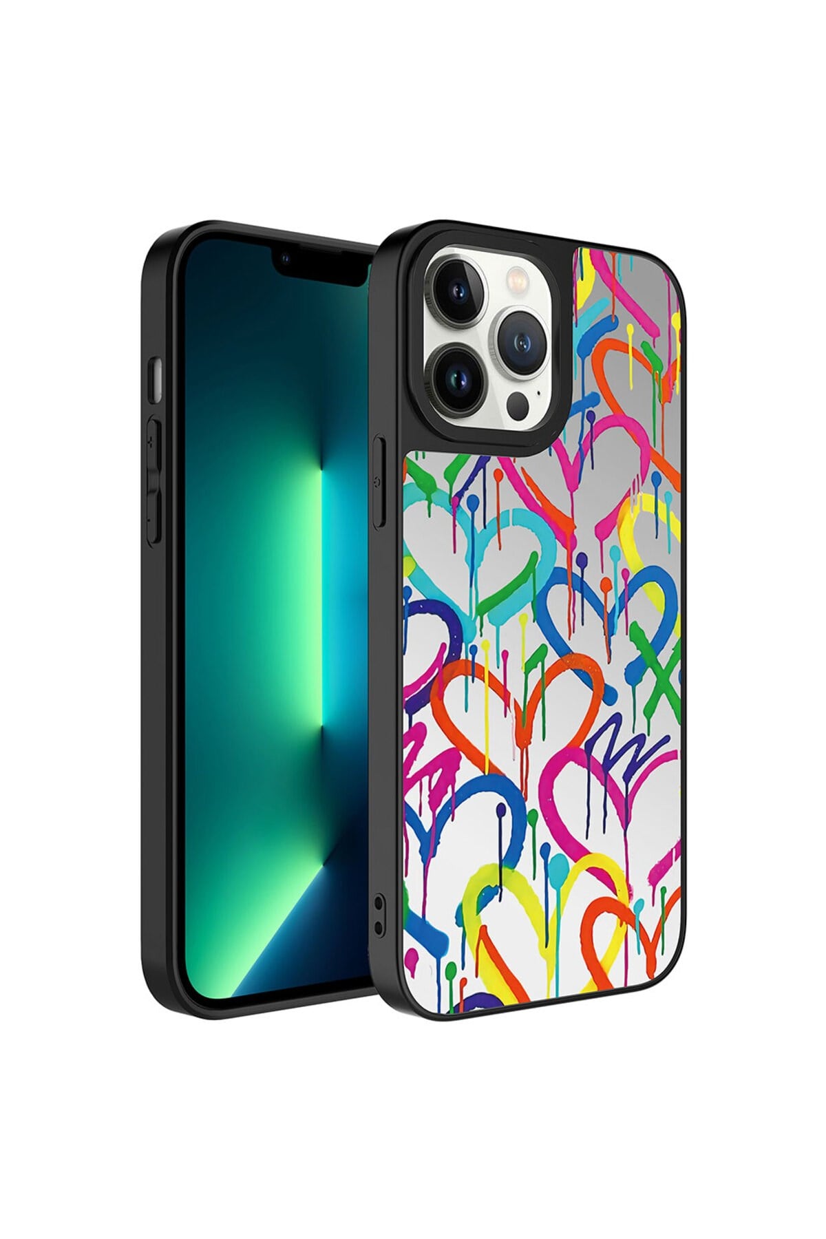 iPhone 13 Pro Max Uyumlu Aynalı Desenli Kamera Korumalı Parlak NVTH Mirror Kılıf-Kalp