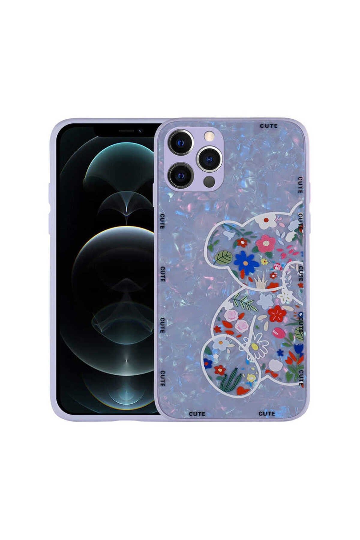 iPhone 13 Pro Max Uyumlu Desenli Sert Silikon NVTH Mumila Kılıf-Lilac Bear