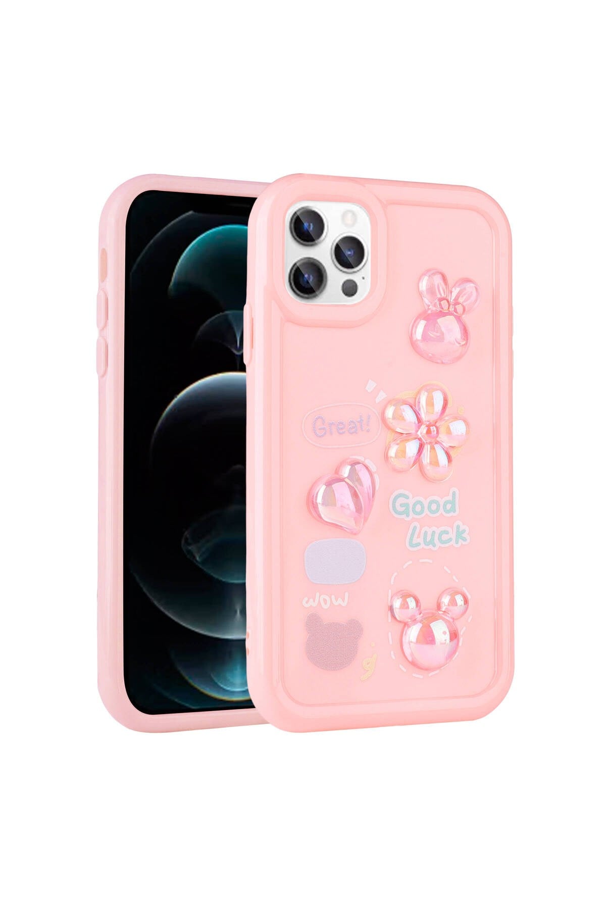 iPhone 13 Pro Max Uyumlu Kabartma Figürlü Parlak NVTH Toys Silikon Kılıf-Pembe