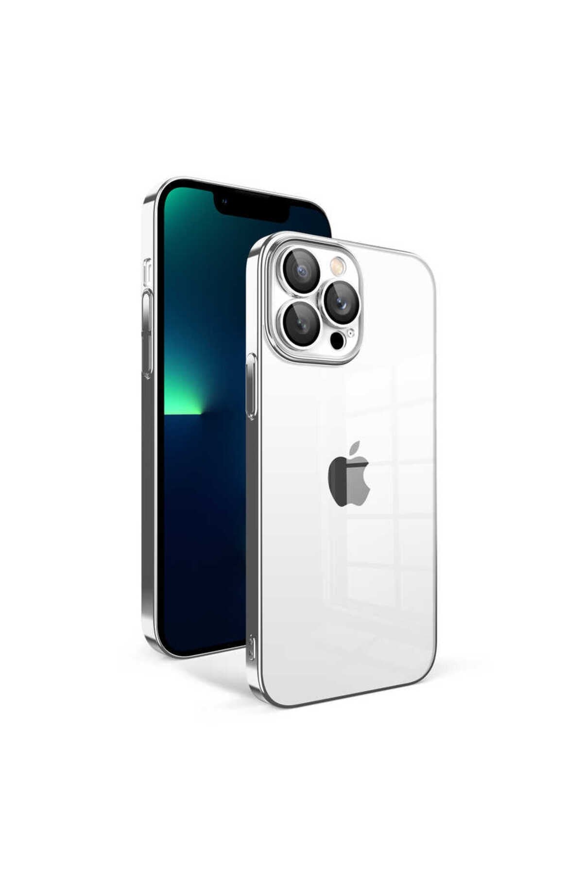 iPhone 13 Pro Max Uyumlu Kamera Korumalı Renkli Çerçeveli NVTH Garaj Kılıf-Gümüş