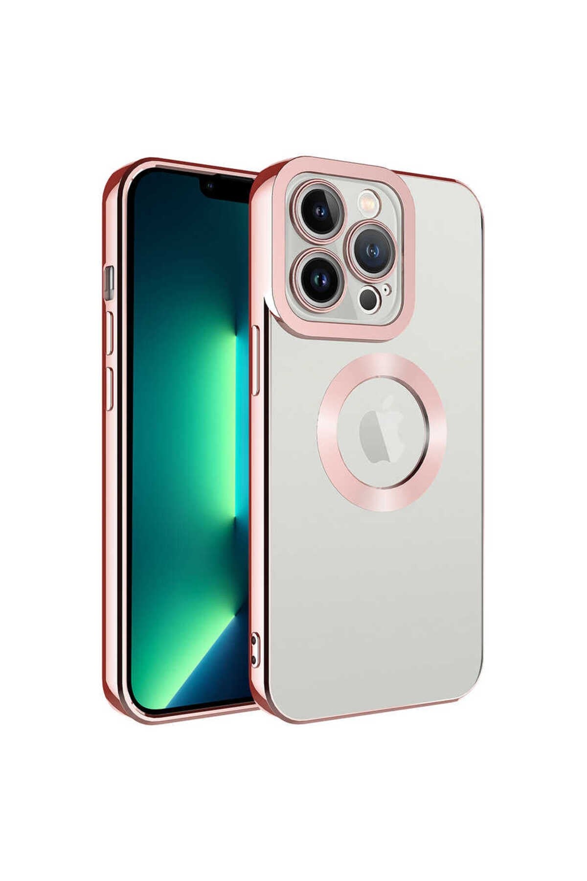 iPhone 13 Pro Max Uyumlu Kamera Korumalı Logo Gösteren NVTH Omega Kılıf-Rose Gold