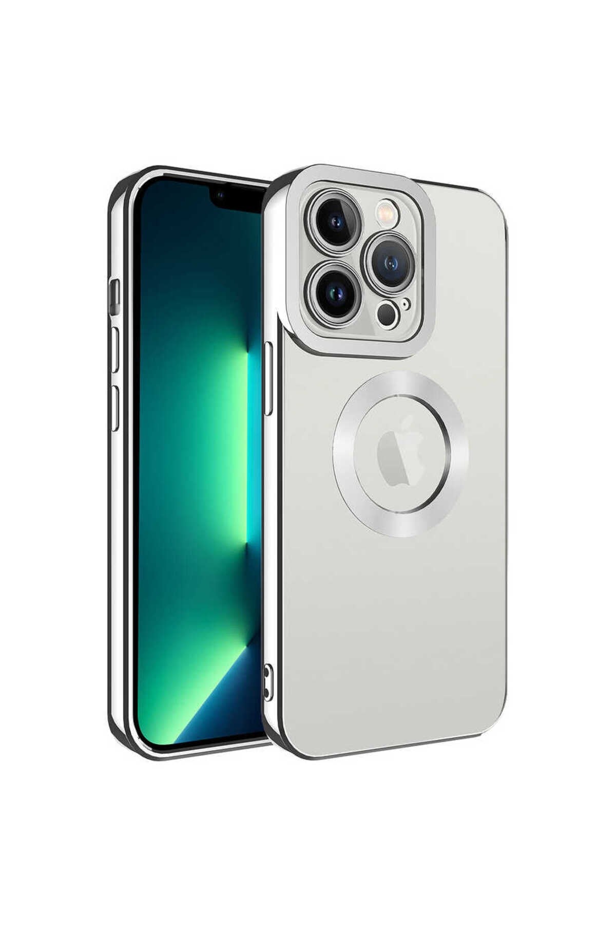 iPhone 13 Pro Max Uyumlu Kamera Korumalı Logo Gösteren NVTH Omega Kılıf-Gümüş