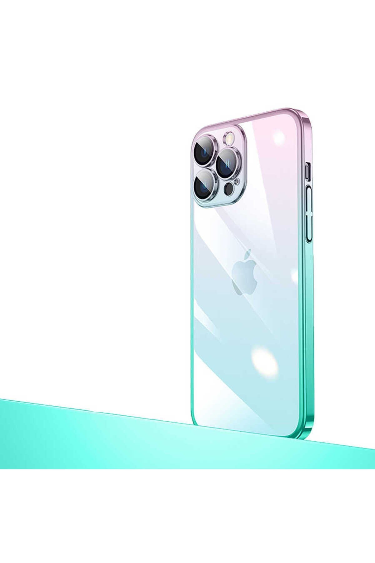 iPhone 13 Pro Max Uyumlu Parlak Renk Geçişli Kamera Korumalı NVTH Senkron Kılıf-Pembe-Mavi