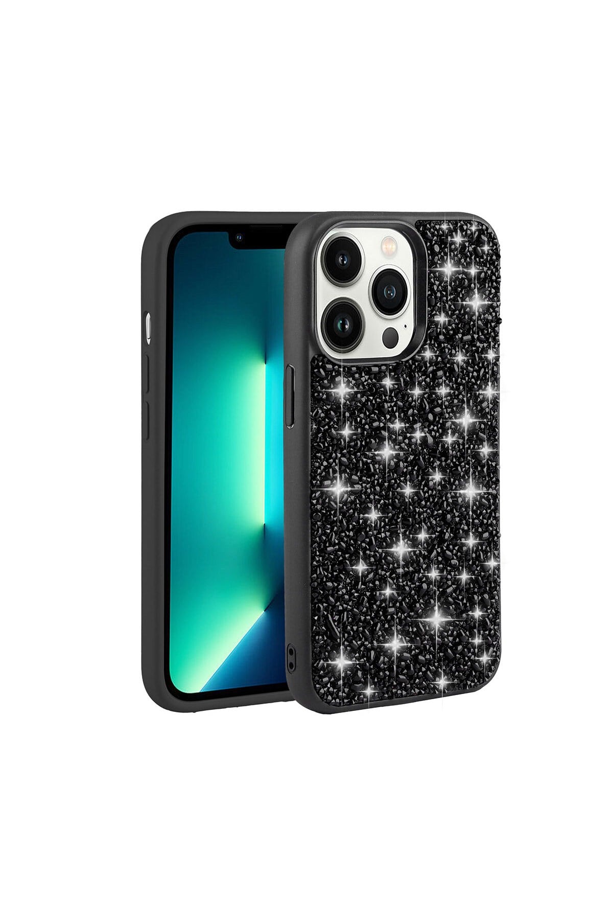 iPhone 13 Pro Max Uyumlu Parlak Taşlı Tasarım NVTH Linea Kılıf-Siyah