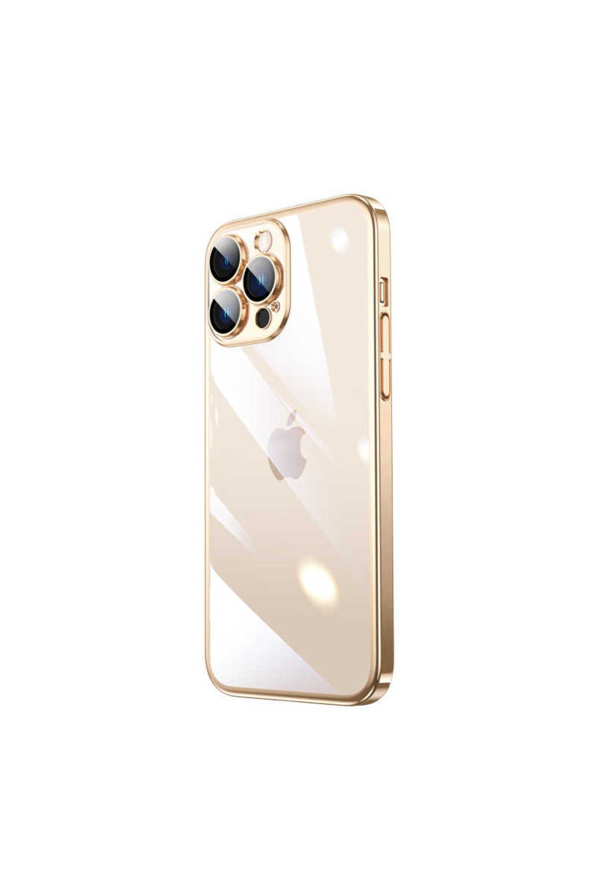 iPhone 13 Pro Max Uyumlu Sert PC Renkli Çerçeveli NVTH Riksos Kılıf-Gold