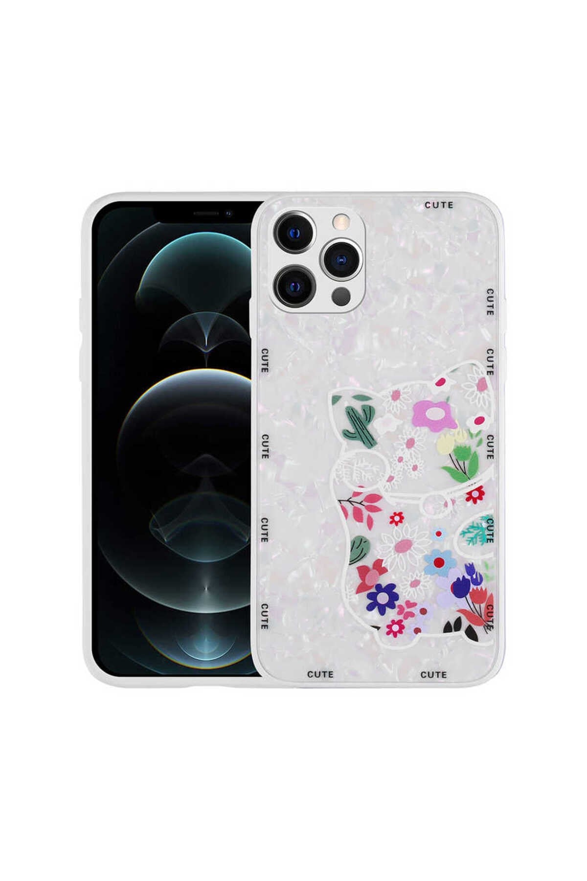 iPhone 13 Pro Uyumlu Desenli Sert Silikon NVTH Mumila Kılıf-White Cat
