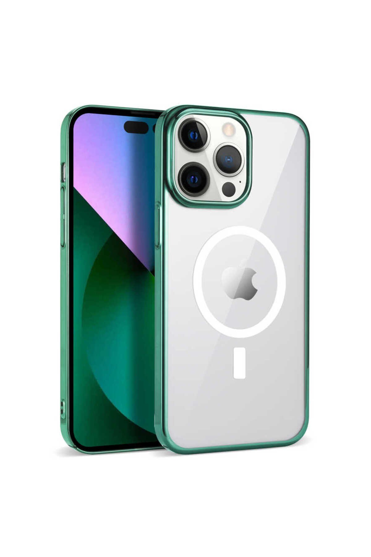 iPhone 13 Pro Uyumlu NVTH Wireless Şarj Özellikli Pixel Magsafe Kılıf-Koyu Yeşil