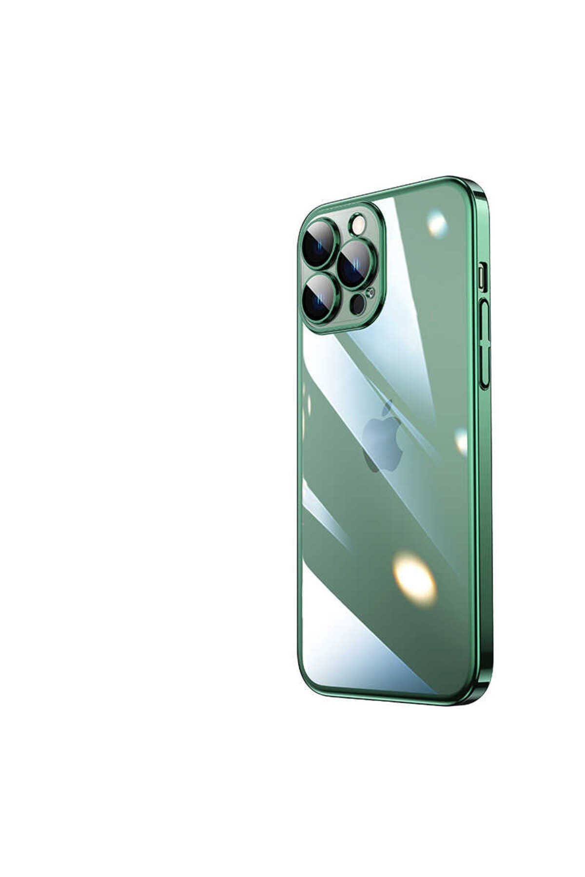 iPhone 13 Pro Uyumlu Sert PC Renkli Çerçeveli NVTH Riksos Kılıf-Koyu Yeşil