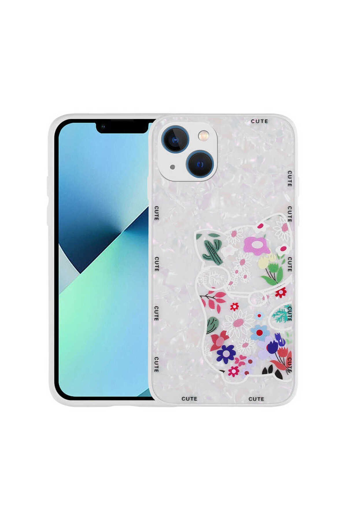 iPhone 13 Uyumlu Desenli Sert Silikon NVTH Mumila Kılıf-White Cat