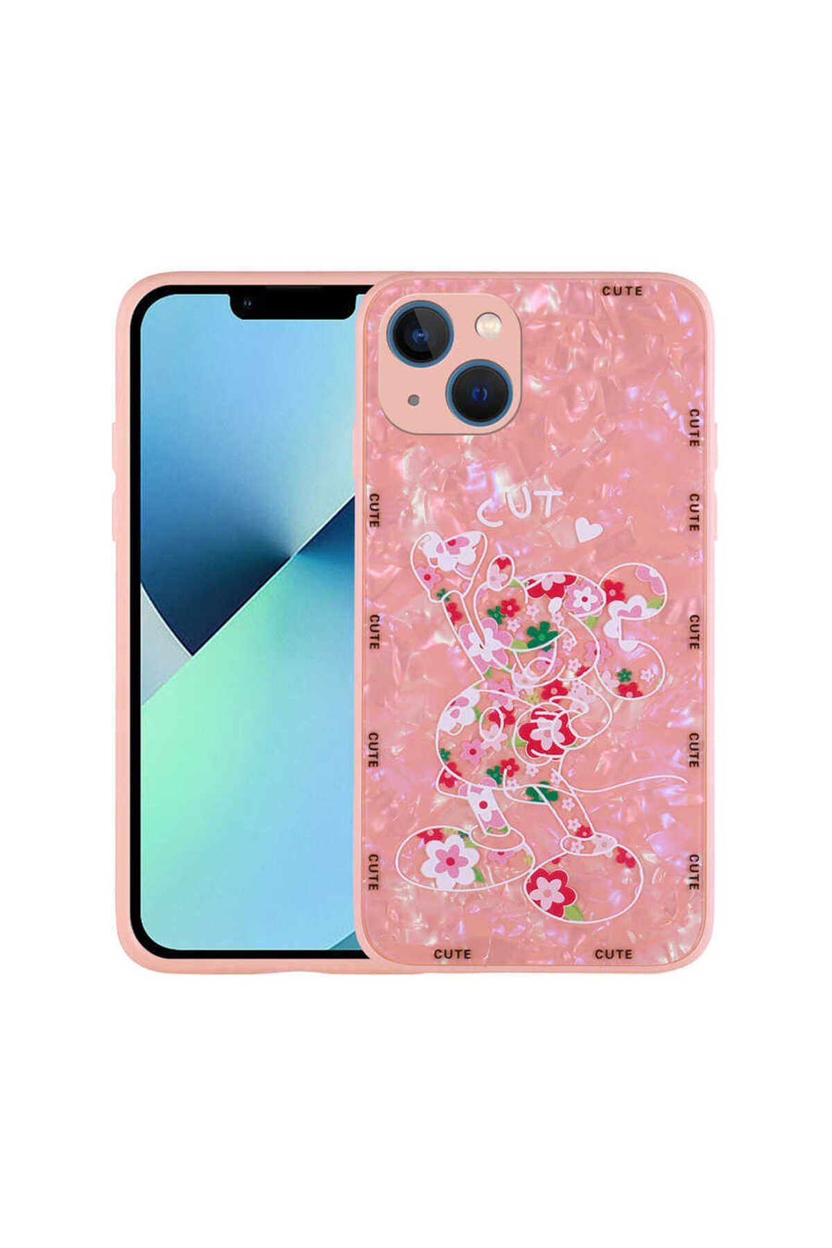 iPhone 13 Uyumlu Desenli Sert Silikon NVTH Mumila Kılıf-Pink Mouse