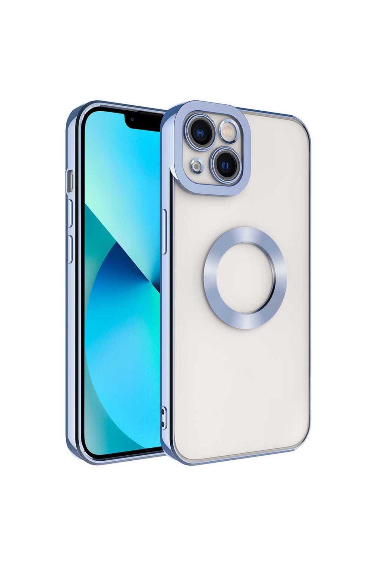 iPhone 13 Uyumlu Kamera Korumalı Logo Gösteren NVTH Omega Kılıf-Mavi Açık