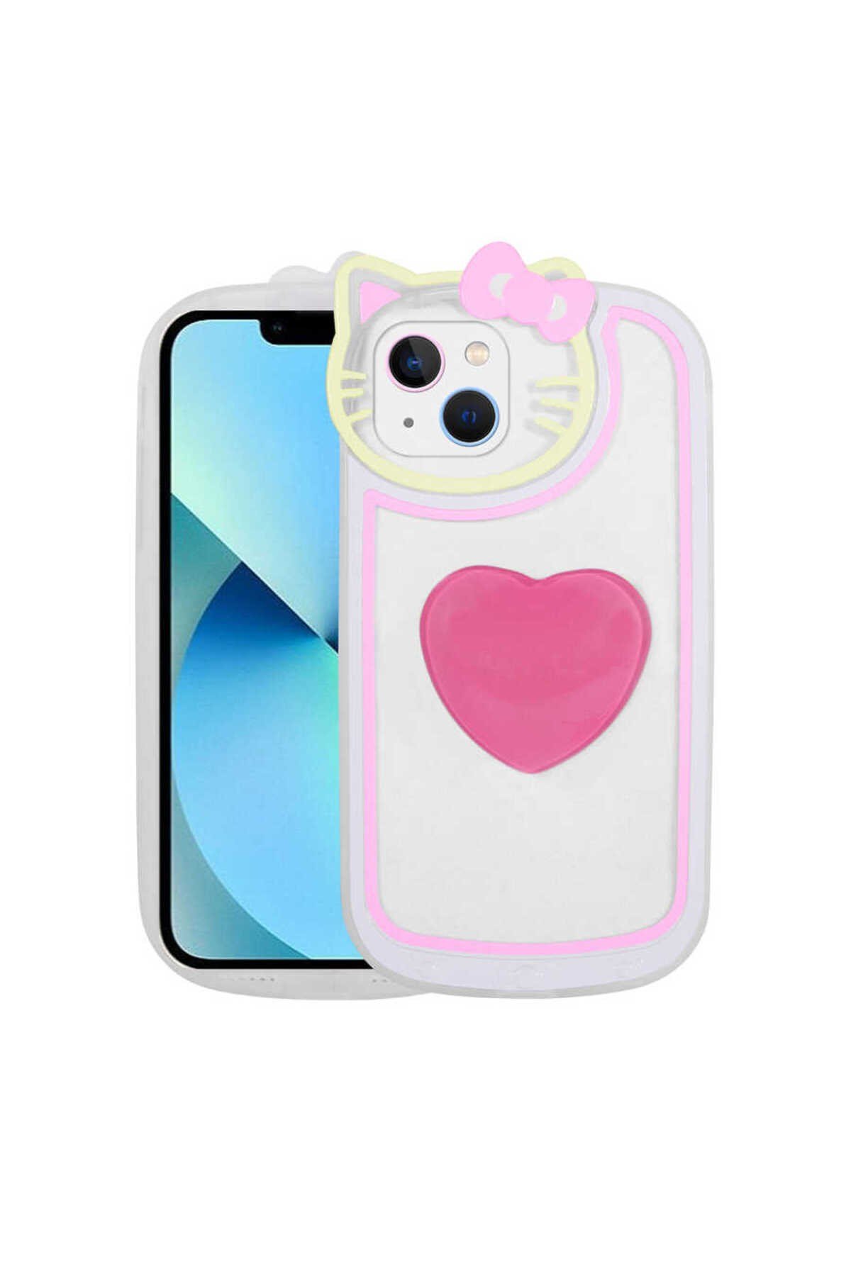 iPhone 13 Uyumlu Kedi Figürlü Transparan Pop Soketli NVTH Ritmik Kılıf-Pembe Koyu