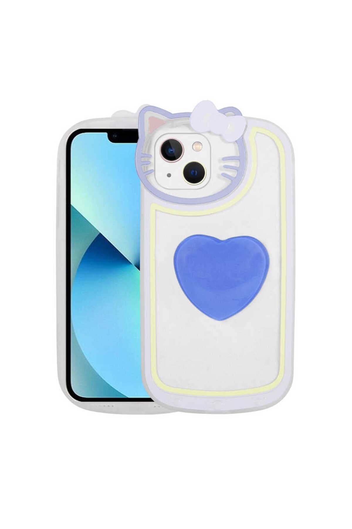 iPhone 13 Uyumlu Kedi Figürlü Transparan Pop Soketli NVTH Ritmik Kılıf-Mavi