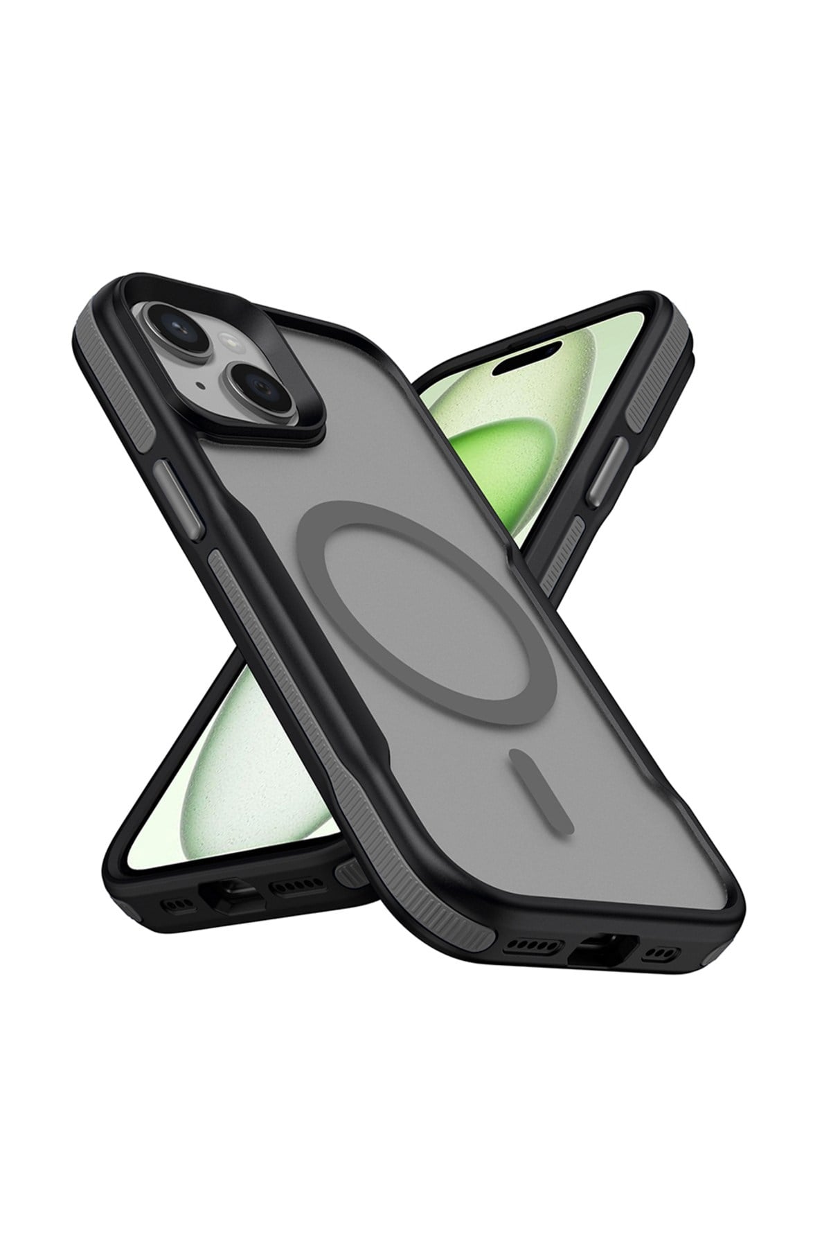 iPhone 13 Uyumlu Magsafe Şarj Özellikli Renkli Kenar Airbag Şeritli NVTH Lamer Kapak-Gri
