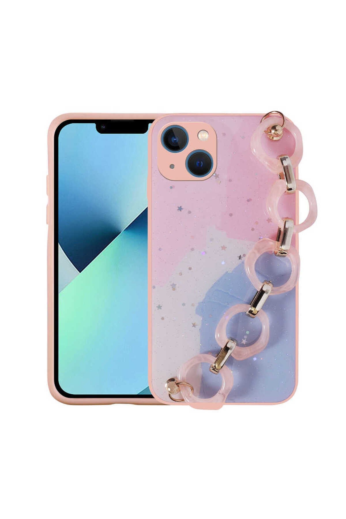 iPhone 13 Uyumlu Simli Desenli El Askılı Tutacaklı NVTH Elsa Silikon Kılıf-Pembe