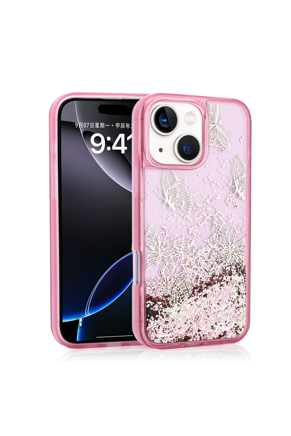 iPhone 14 Kılıf Sıvılı Simli Kelebek Baskılı Şeffaf Arka Yüzey NVTH Glis Silikon Kapak - Pembe