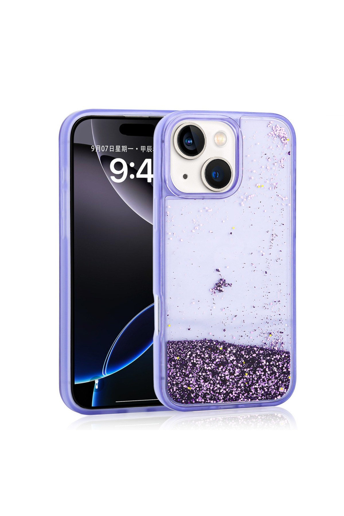 iPhone 14 Kılıf Sıvılı Simli Şeffaf Arka Yüzey NVTH Keto Silikon Kapak - Mor