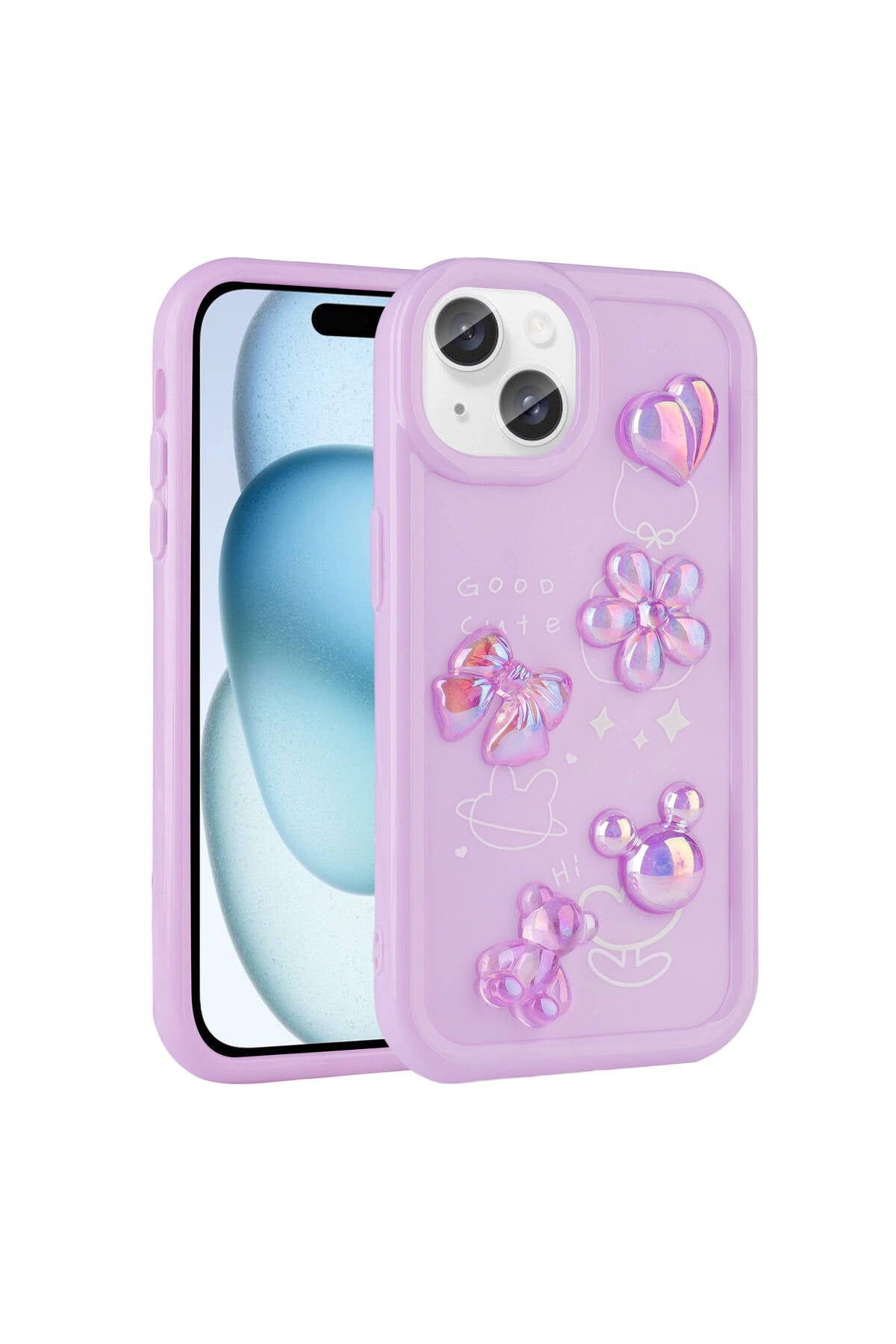 iPhone 14 Plus Uyumlu Kabartma Figürlü Parlak NVTH Toys Silikon Kılıf-Mor