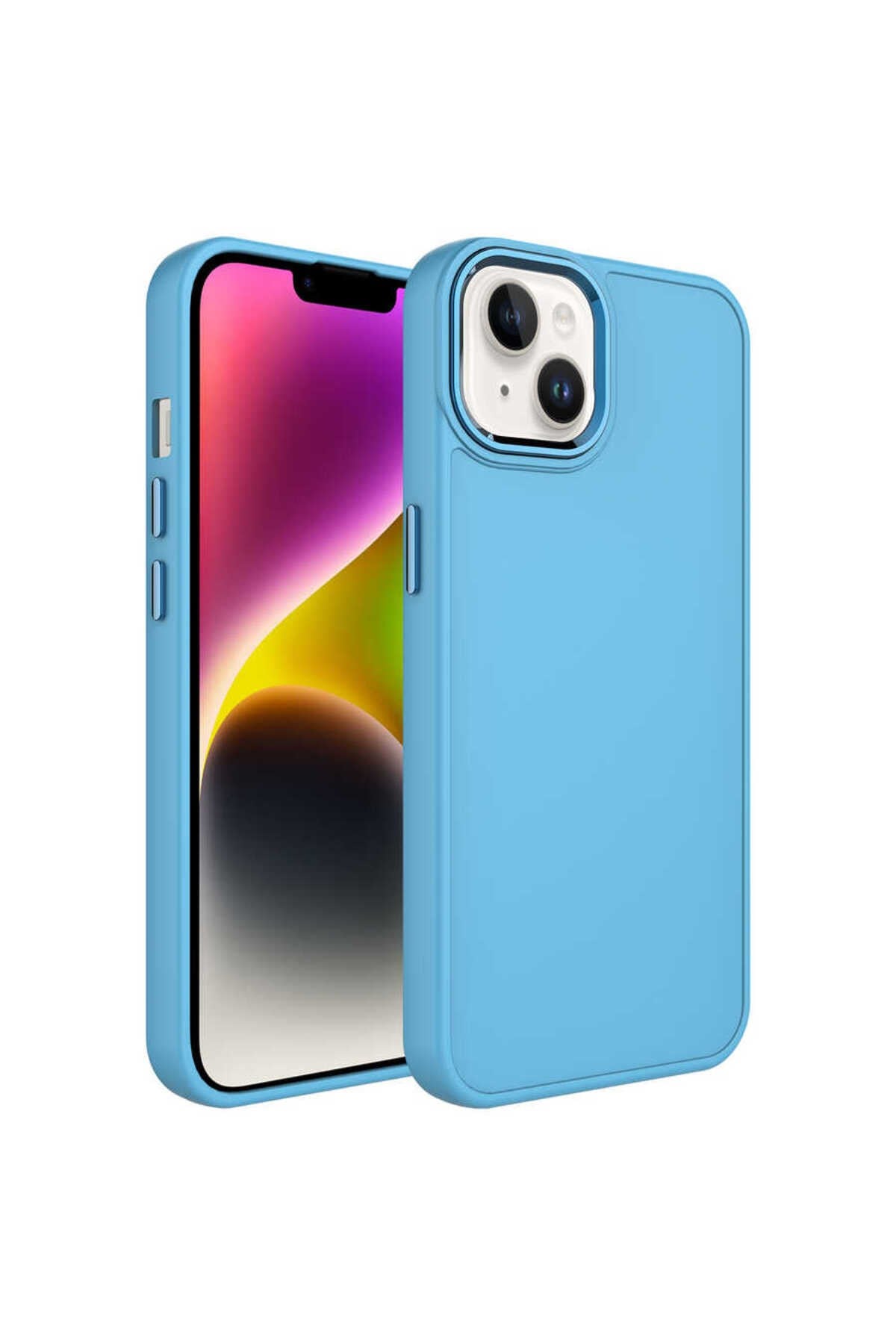 iPhone 14 Plus Uyumlu Metal Çerçeve ve Buton Tasarımlı Silikon NVTH Luna Kılıf-Sierra Mavi