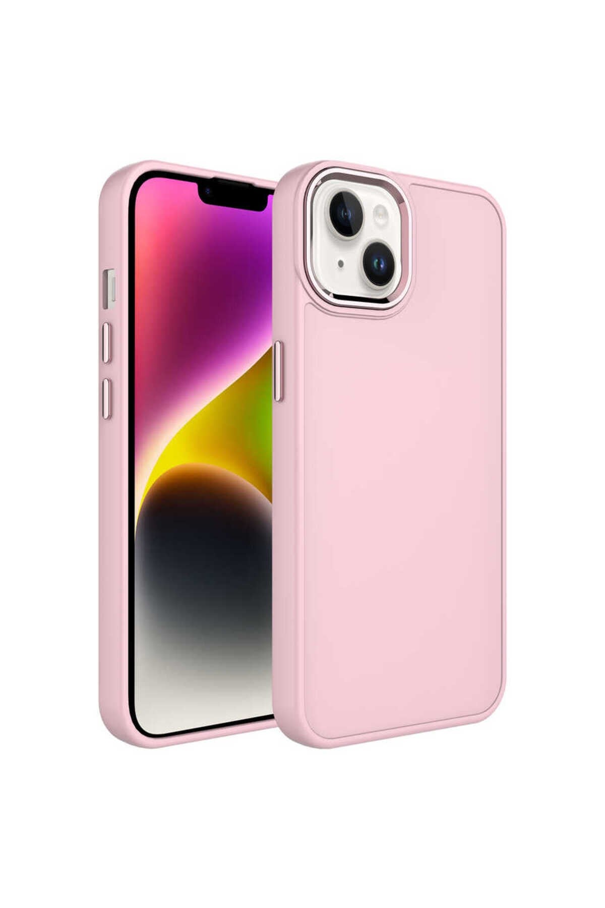iPhone 14 Plus Uyumlu Metal Çerçeve ve Buton Tasarımlı Silikon NVTH Luna Kılıf-Pembe