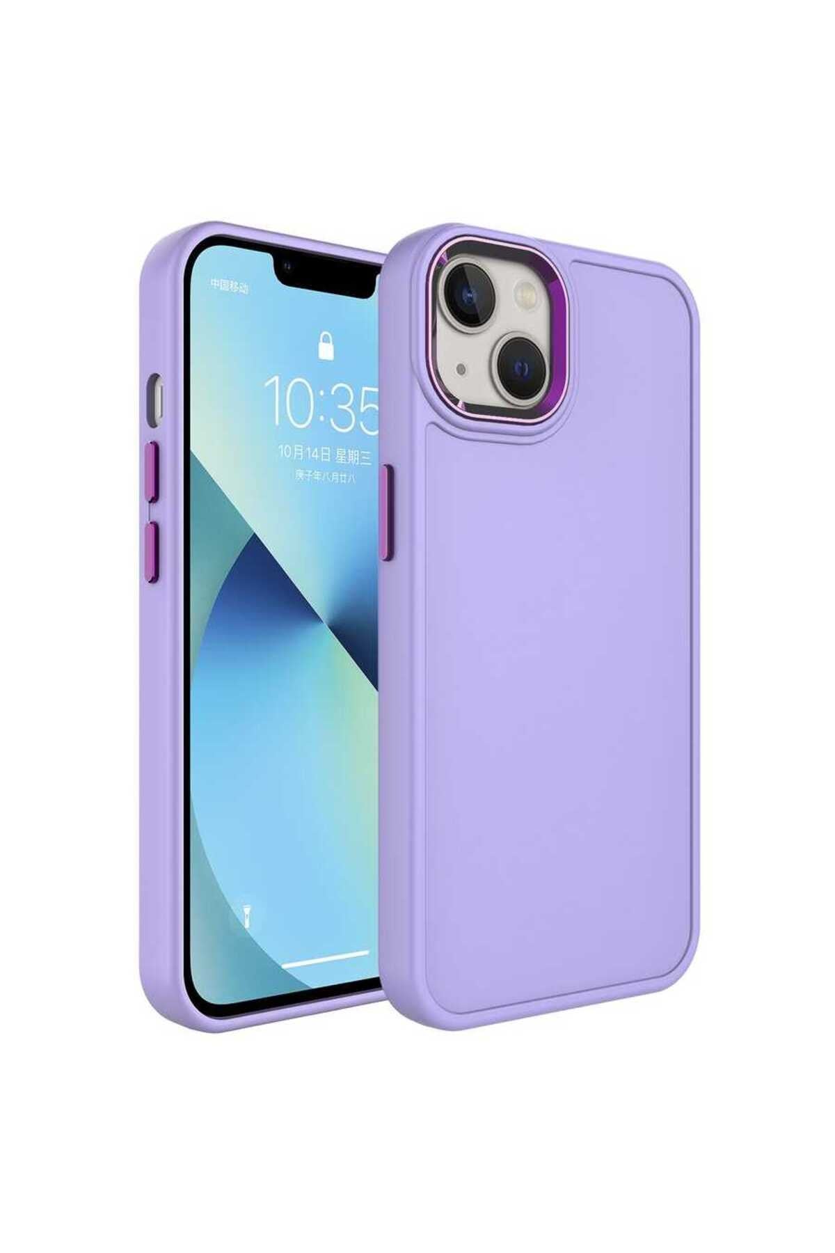 iPhone 14 Plus Uyumlu Metal Çerçeve ve Buton Tasarımlı Sert NVTH Botox Kılıf-Lila