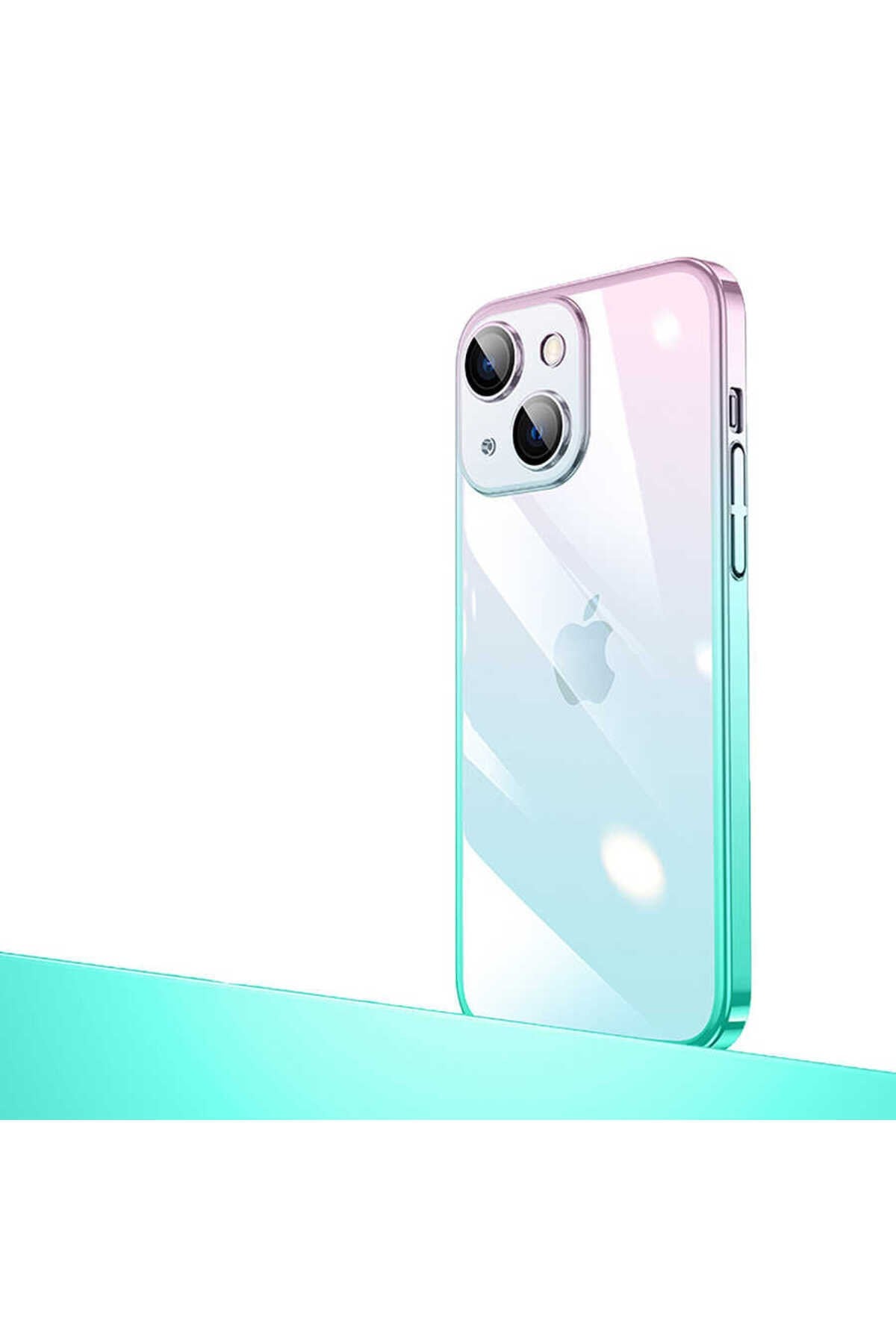 iPhone 14 Plus Uyumlu Parlak Renk Geçişli Kamera Korumalı NVTH Senkron Kılıf-Pembe-Mavi