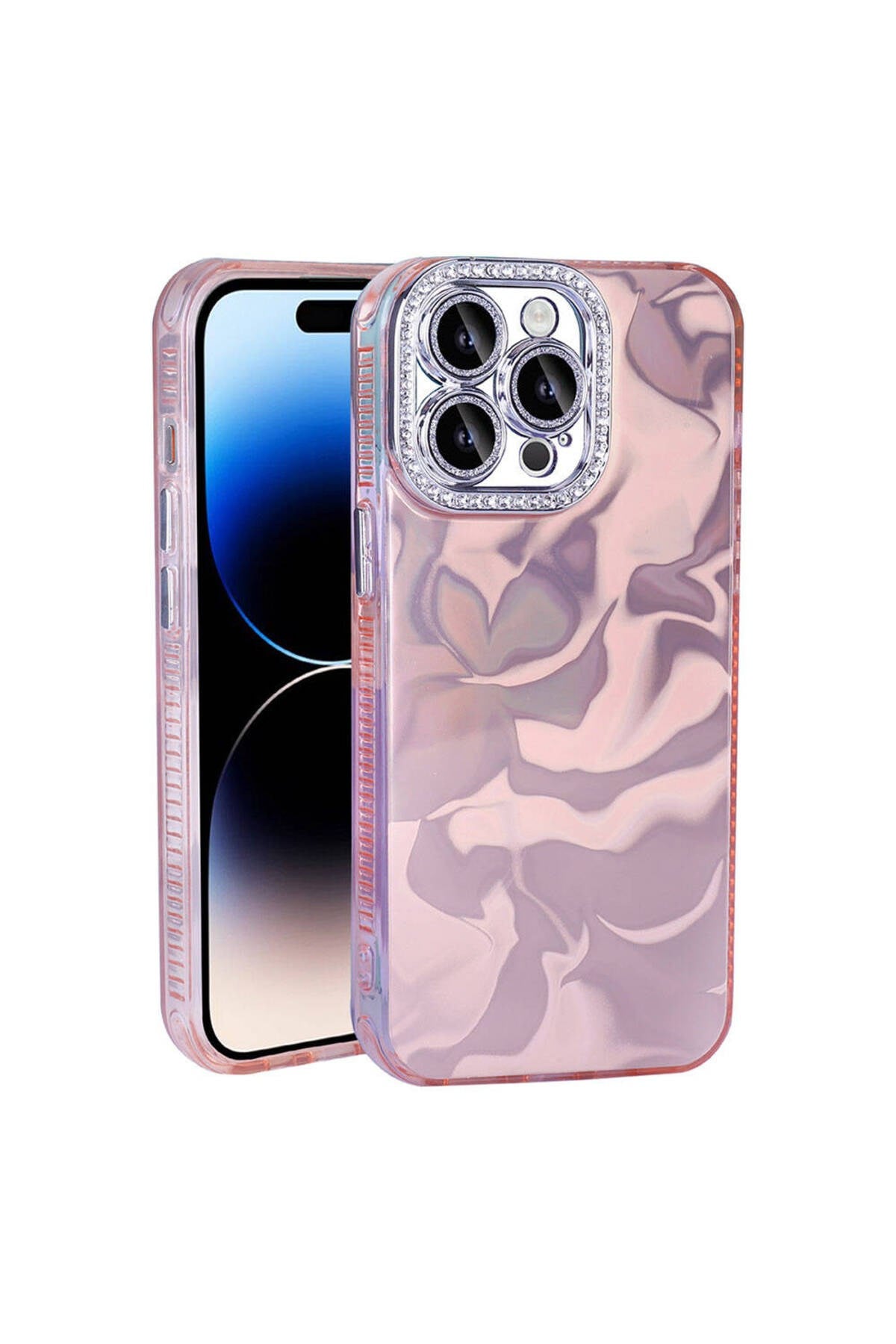 iPhone 14 Pro Max Kılıf Airbagli Parlak Taş Detay Tasarımlı NVTH Esila Kapak - Pembe
