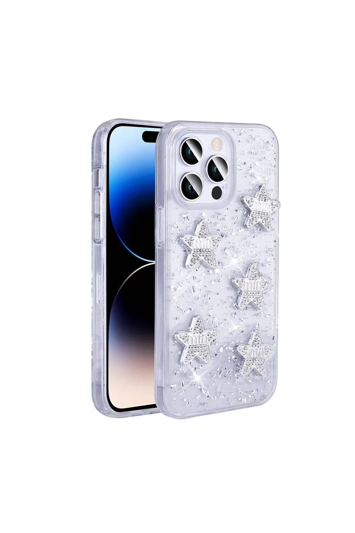 iPhone 14 Pro Max Kılıf Airbagli Simli Arka Yüzey NVTH Işıltı Silikon Kapak - Beyaz-Yıldız
