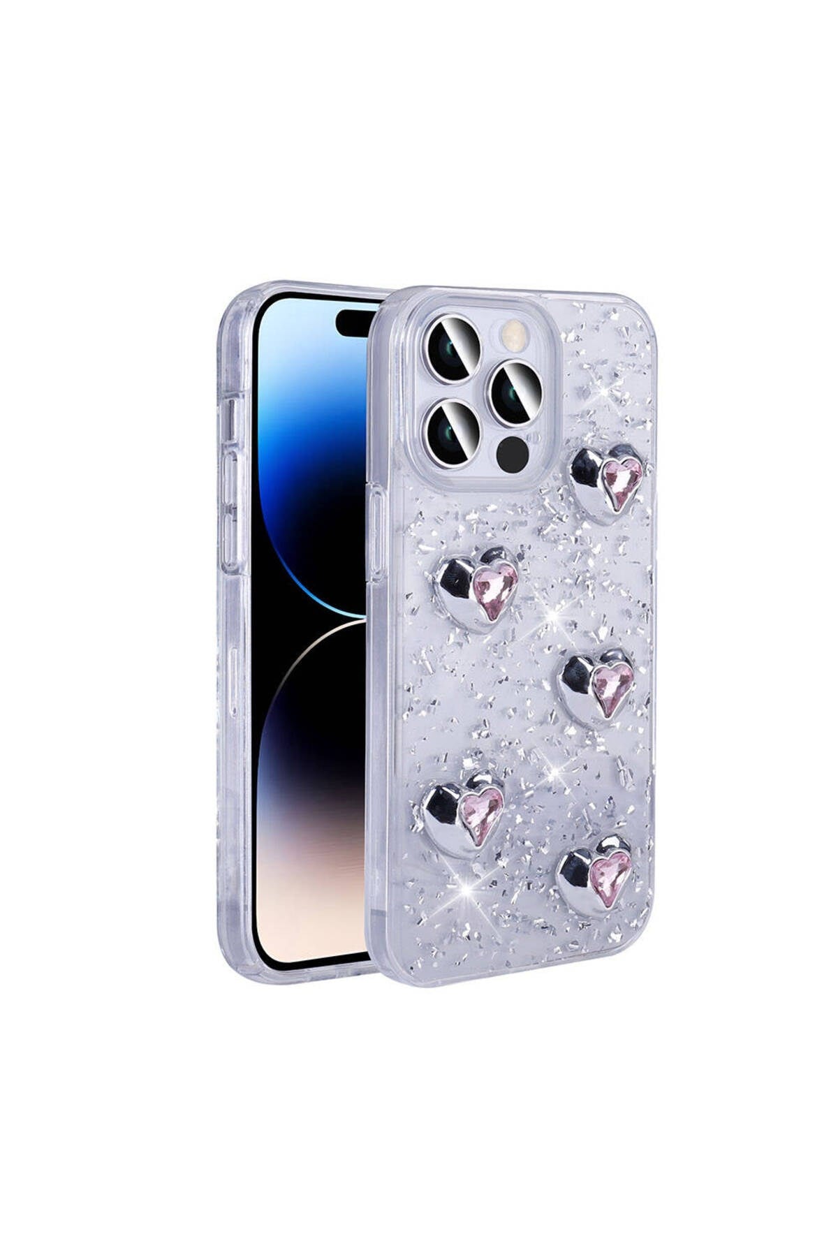 iPhone 14 Pro Max Kılıf Airbagli Simli Arka Yüzey NVTH Işıltı Silikon Kapak - Beyaz-Kalp